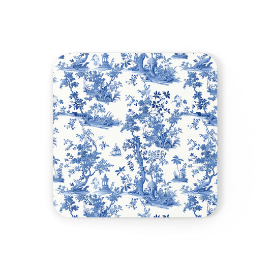 French Toile Blue & White V1 Corkwood Coaster Set