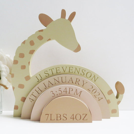 Giraffe themed rainbow stacker. Perfect for a kids nursery or bedroom.