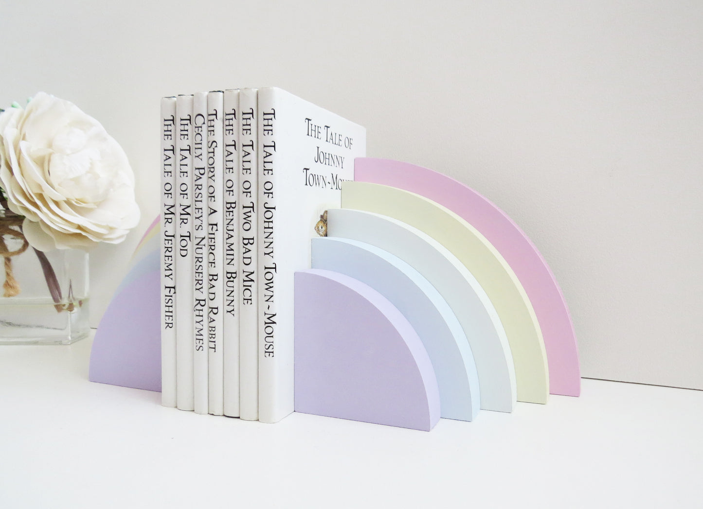 Pastel Rainbow Wooden BookendsPastel Rainbow Wooden Bookends for a childrens nursery bedroom 