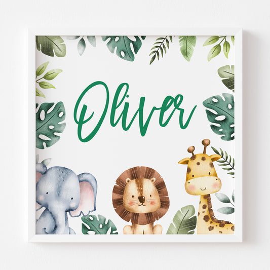 Cute Safari Animal Custom Name Poster Print DOWNLOAD