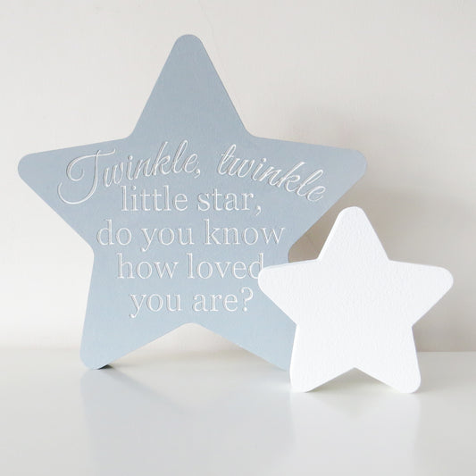 Childrens nusery decor. Large handpainted star with the sentiment "Twinkle, Twinkle little star, do you know how loved you are?".