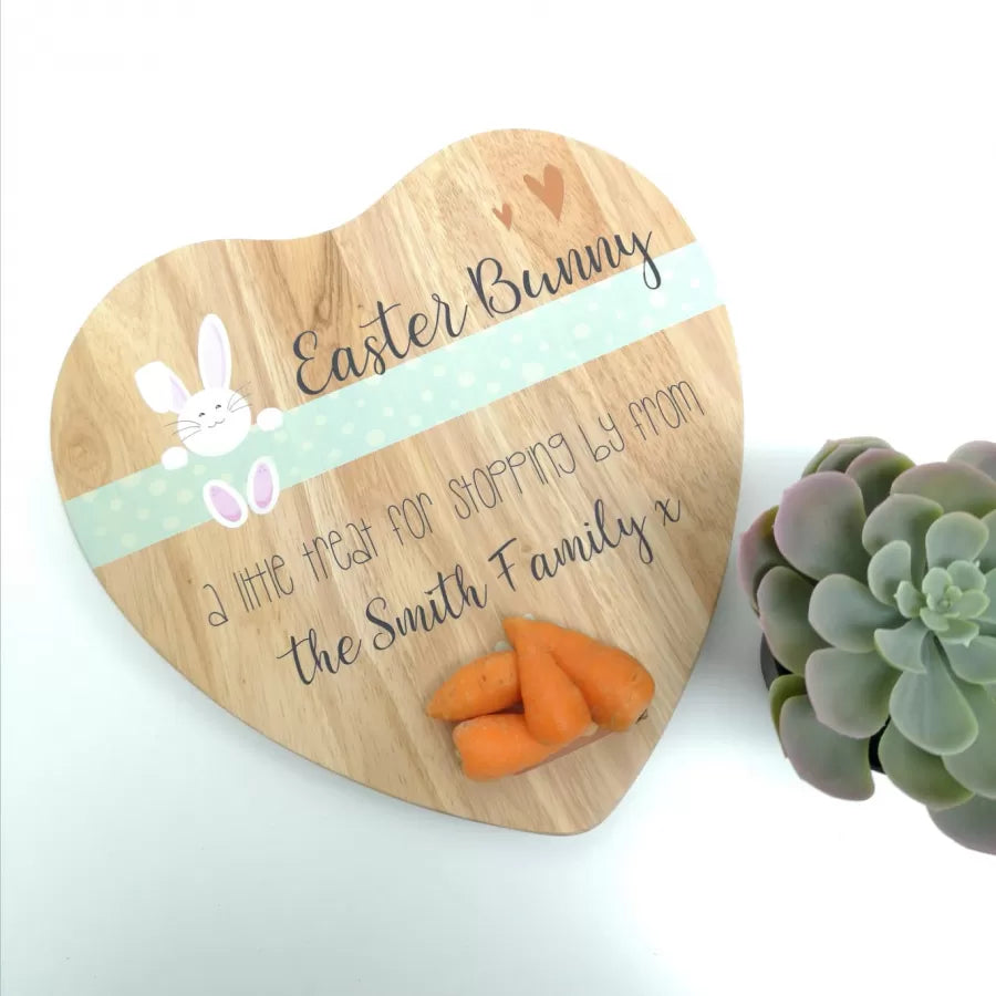 Custom name easter bunny heart shaped treat board.