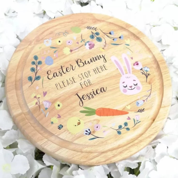 a custom name uv printed circle easter bunny treat board.