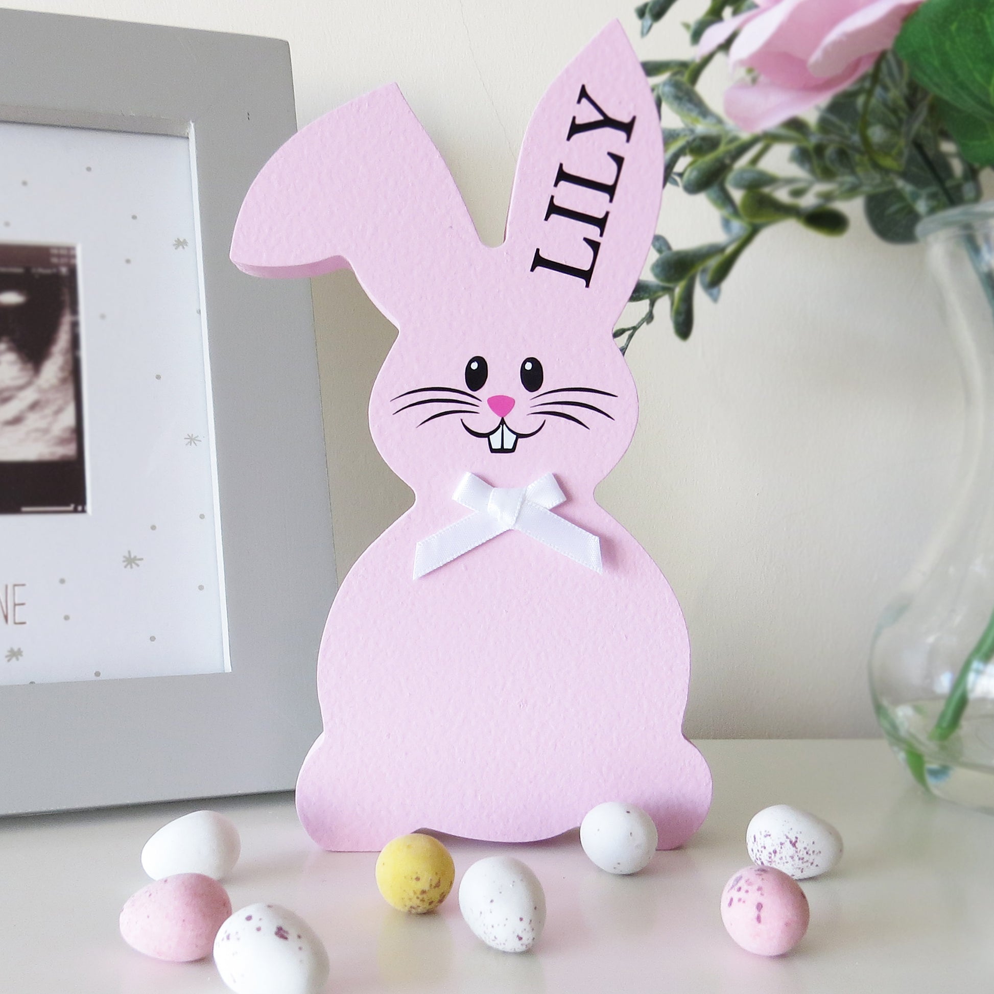 Custom Name Easter Bunny with a ribbon bow tie.