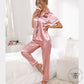 Pink and Black Embroidered Satin Pyjama Pant Set