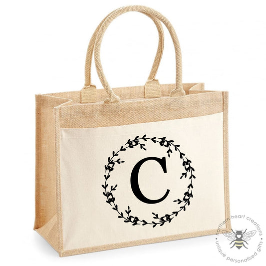 Initial with Wreath Jute Bag