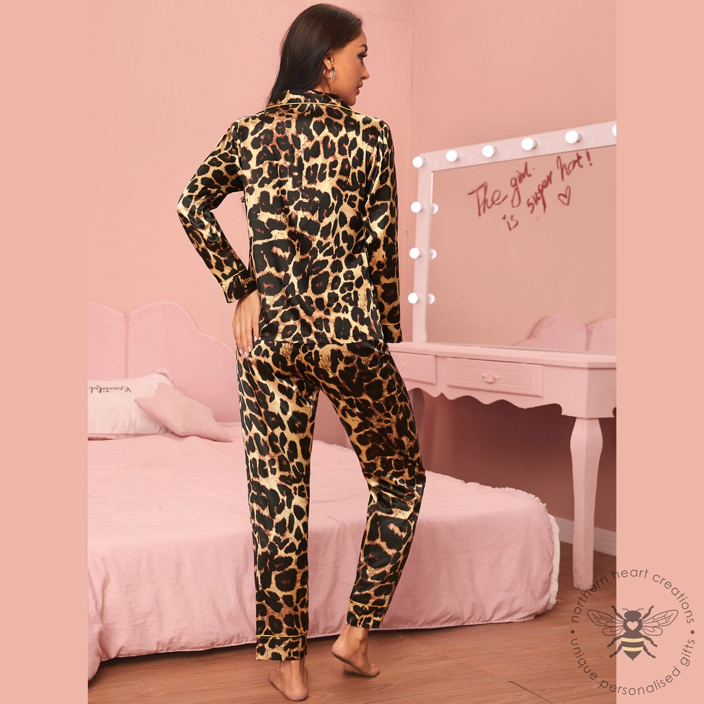 Leopard Embroidered Satin Pyjama Pant Set