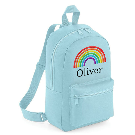A rainbow embroidered personalsied custom name childrens backpack school bag