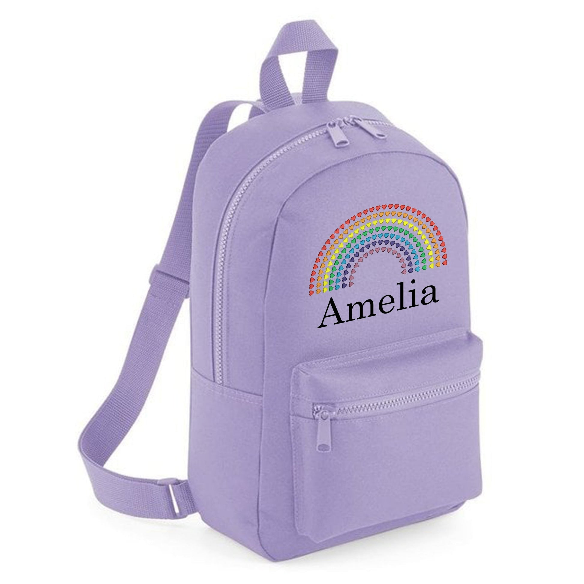 A rainbow embroidered personalsied custom name childrens backpack school bag. 