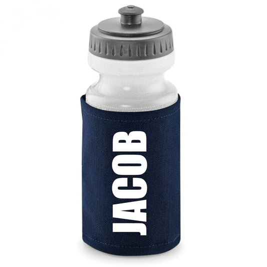 A personalised custom name water bottle and cover.